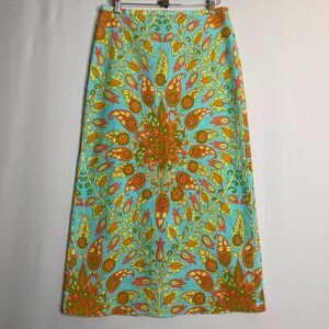 Zara Midi Skirt Bohemian Festival Floral Paisley Turquoise Pull-On Tie Waist Med